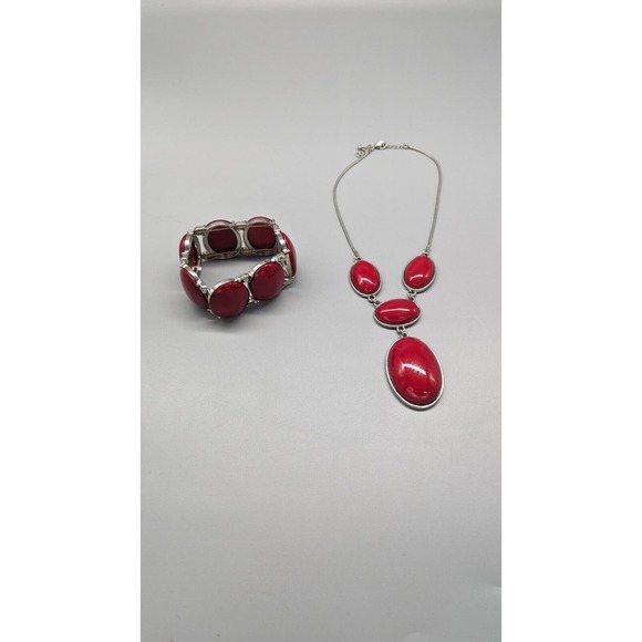 Unbranded Jewelry - Red Acrylic Necklace Bracelet Set Pendant Silver Tone Chain Adjustable Necklace